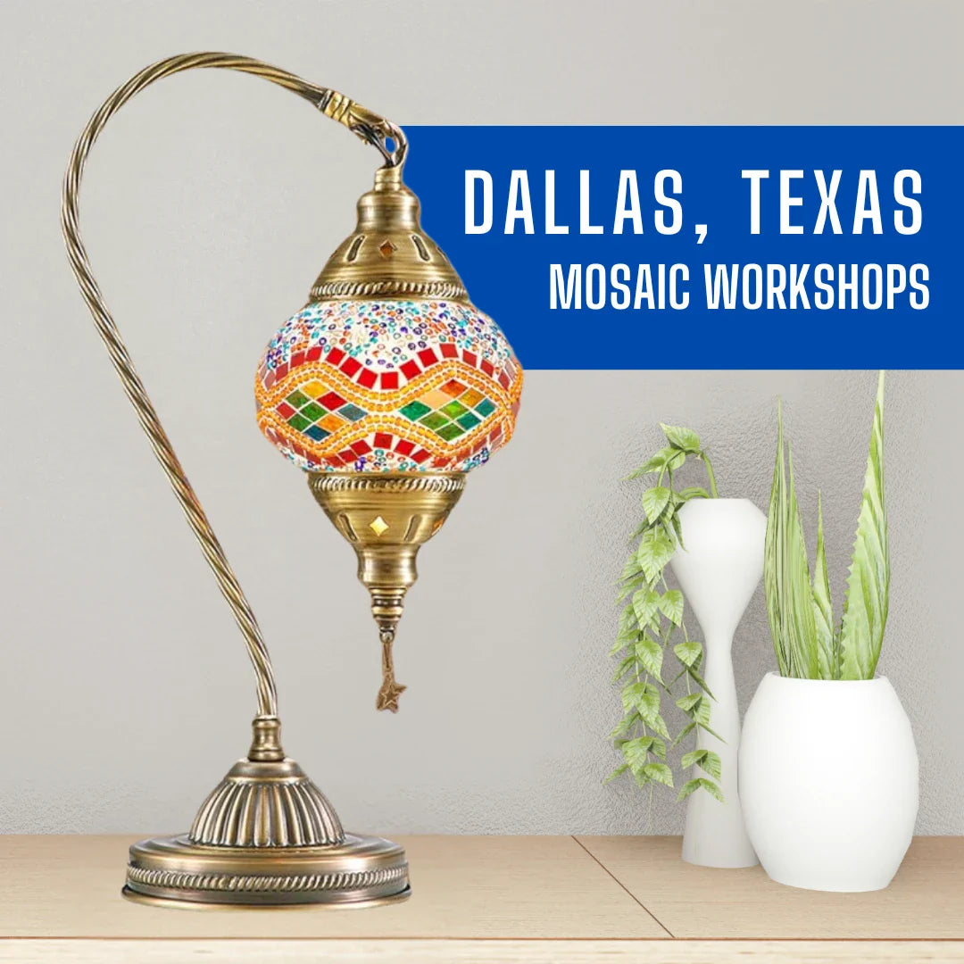 Turkish mosaic lamp displayed on a table with plants, showcasing DIY mosaic lamp workshops held in Dallas, Texas for locals and visitors.