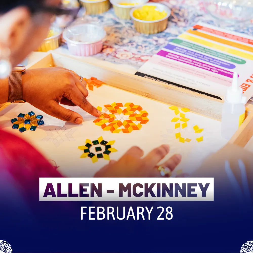 Hands arranging colorful mosaic glass tiles in geometric patterns on white surface at Mosaic Lamp Workshop Allen, Texas - Turkish Lamp by Tiles Workshop