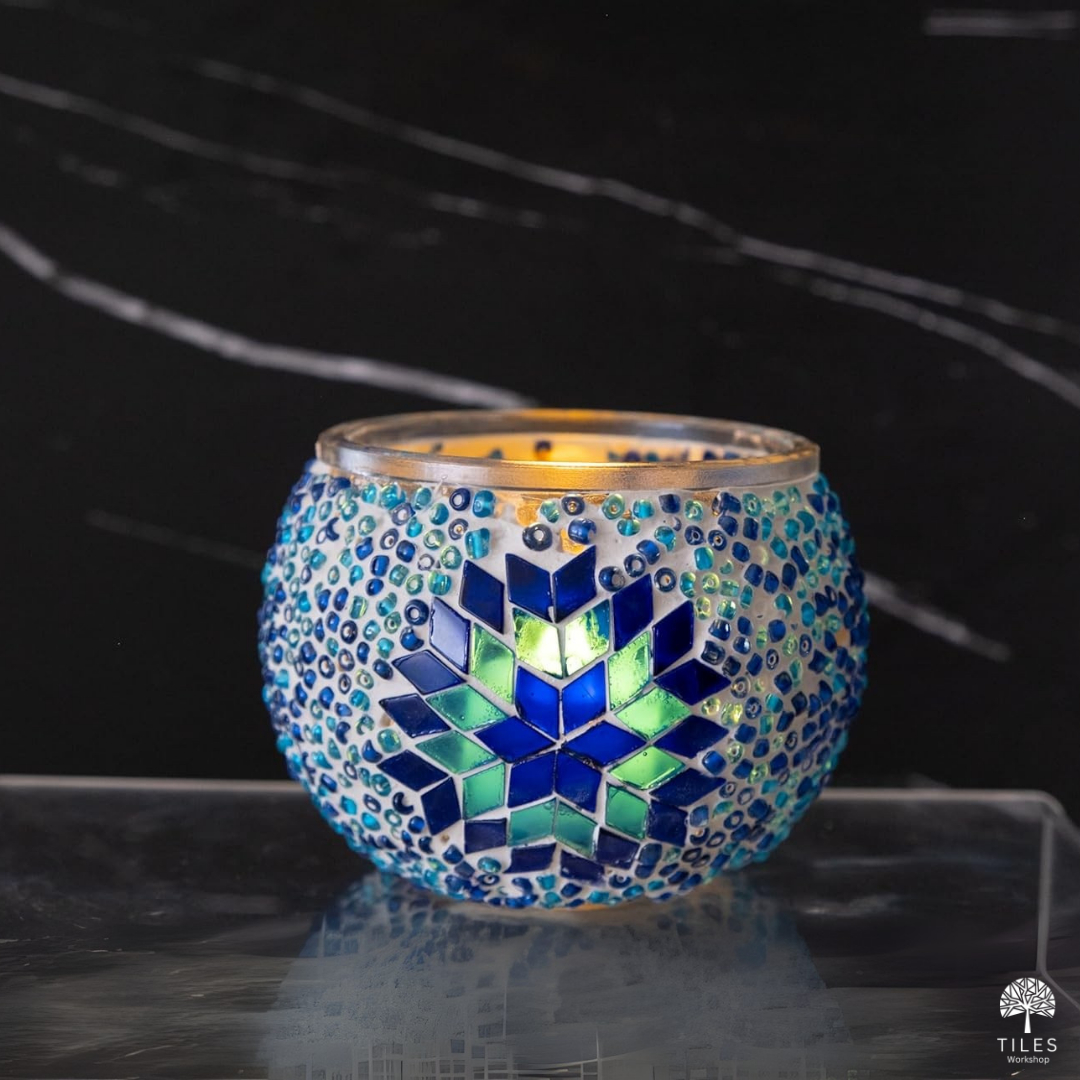 Blue and green turkish lamp kit candle holder with geometric star pattern illuminated with candle for diy mosaic lamp kit by Tiles Workshop
