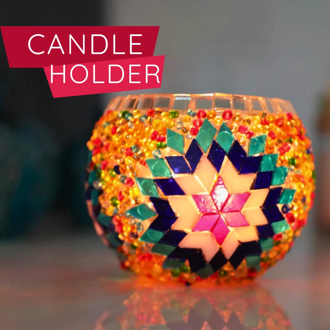 Rainbow multicolor turkish lamp kit candle holder with geometric star pattern illuminated with candle for Turkish Mosaic Lamps DIY Kits by Tiles Workshop