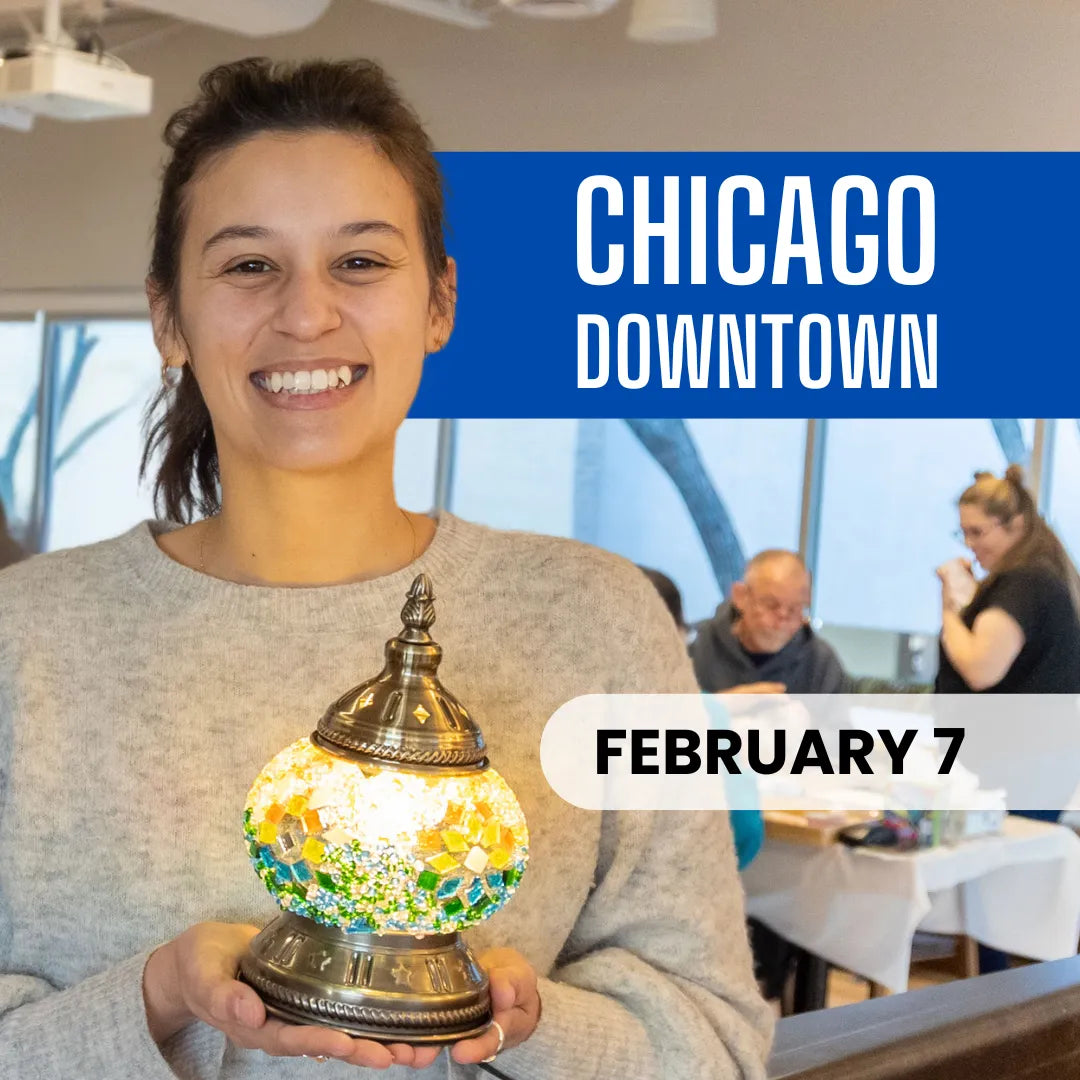 Chicago Mosaic Lamp for Sale Downtown promotional banner featuring colorful turkish mosaic lamps at Tiles Workshop mosaic art studio