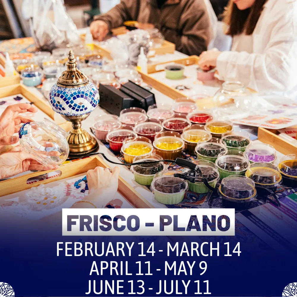 Workshop table with colorful mosaic glass tiles in containers and blue turkish mosaic lamp at Mosaic Lamp Workshop Frisco, Plano, Texas by Tiles Workshop