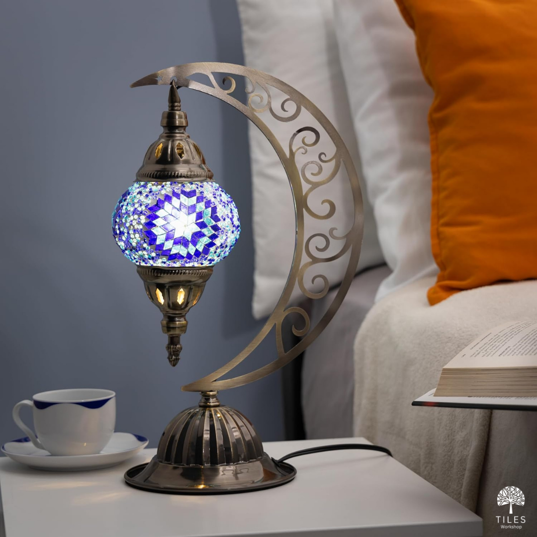 Blue and white turkish mosaic lamp kit moon crescent lamp with star pattern illuminated on nightstand for lamp turkish diy mosaic kit by Tiles Workshop