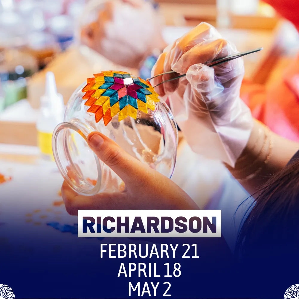 Hands placing colorful mosaic glass tiles in star pattern on glass jar using tweezers at Mosaic Lamp Workshop Richardson, TX by Tiles Workshop