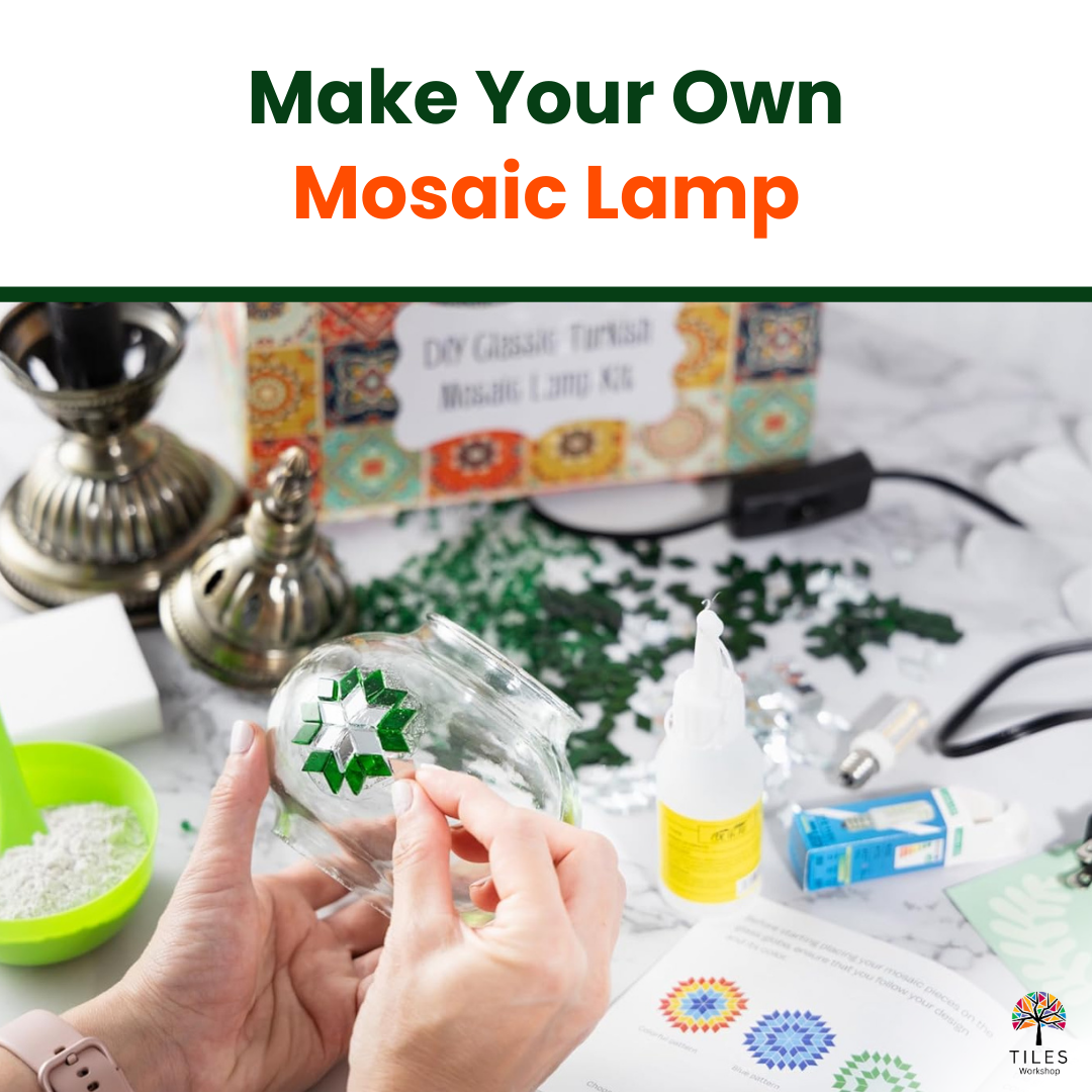 Hands placing green mosaic star pattern on glass globe for mosaic lamp kit with DIY supplies and swan base for diy mosaic lamp kit by Tiles Workshop