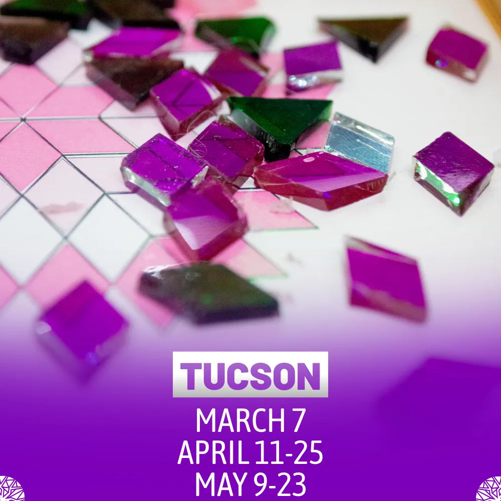 Purple, pink and green mosaic glass tiles arranged on white surface at Tiles Workshop Mosaic Lamp Workshop Arizona Tucson