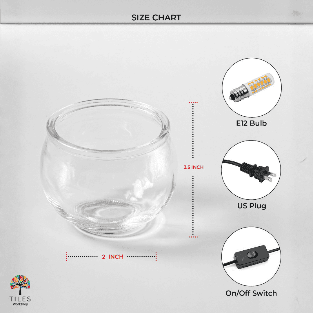 Glass candle holder for turkish lamp kit showing 3.5 inch height with E12 bulb, US plug and on/off switch for mosaic lamp kit diy by Tiles Workshop