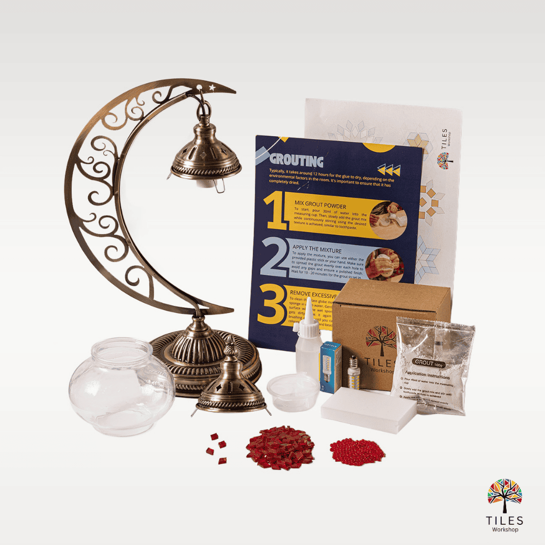 Complete turkish mosaic lamp kit with moon crescent base, glass globe, red mosaic tiles and grouting supplies for mosaic lamp kit diy by Tiles Workshop