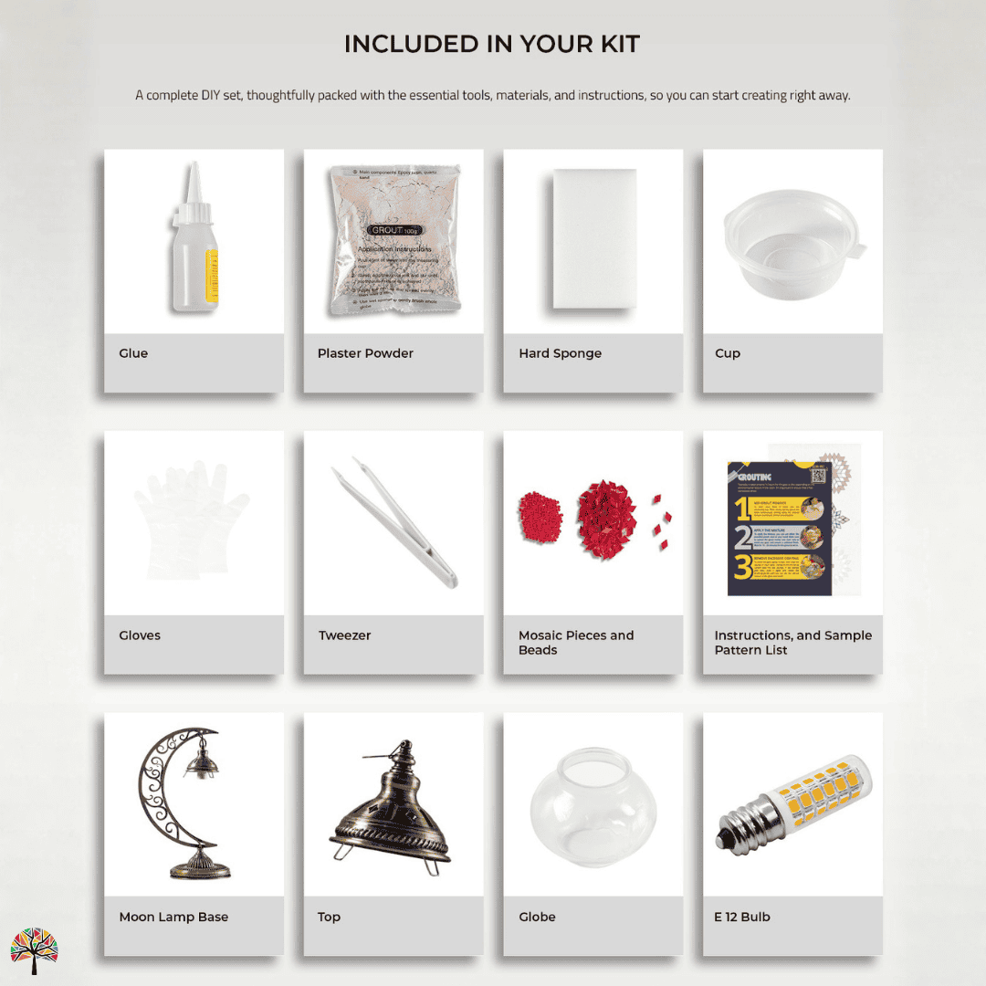 Complete turkish mosaic lamp kit contents showing moon base, glue, grout, mosaic tiles and tools for turkish mosaic lighting kit by Tiles Workshop