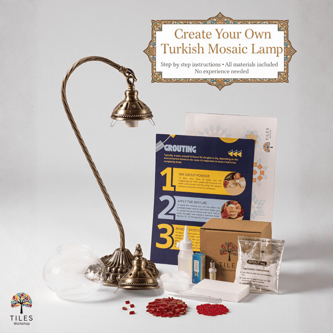 Create your own mosaic lamp kit with swan neck base, red tiles and step by step instructions for mosaic lamp kit diy by Tiles Workshop
