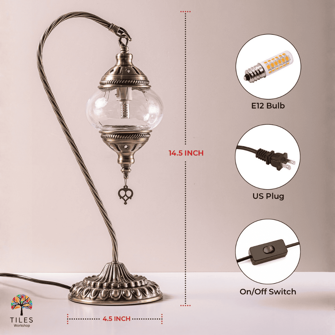 Swan neck mosaic lamp kit showing 14.5 inch height with E12 bulb, US plug and on/off switch for turkish mosaic lighting kit by Tiles Workshop
