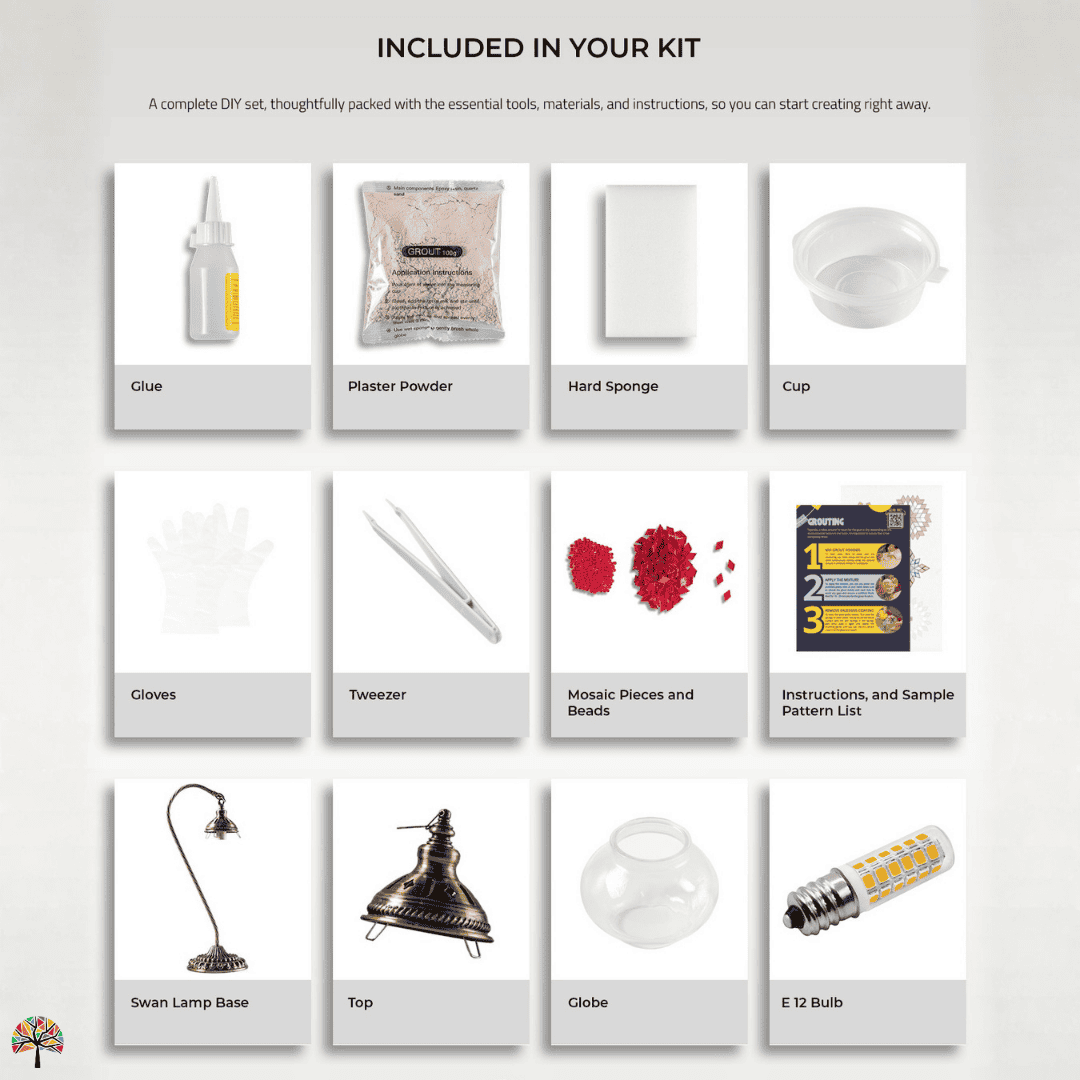 Complete mosaic lamp kit contents showing swan base, glue, grout, mosaic tiles and tools for Turkish Lamp Kit by Tiles Workshop