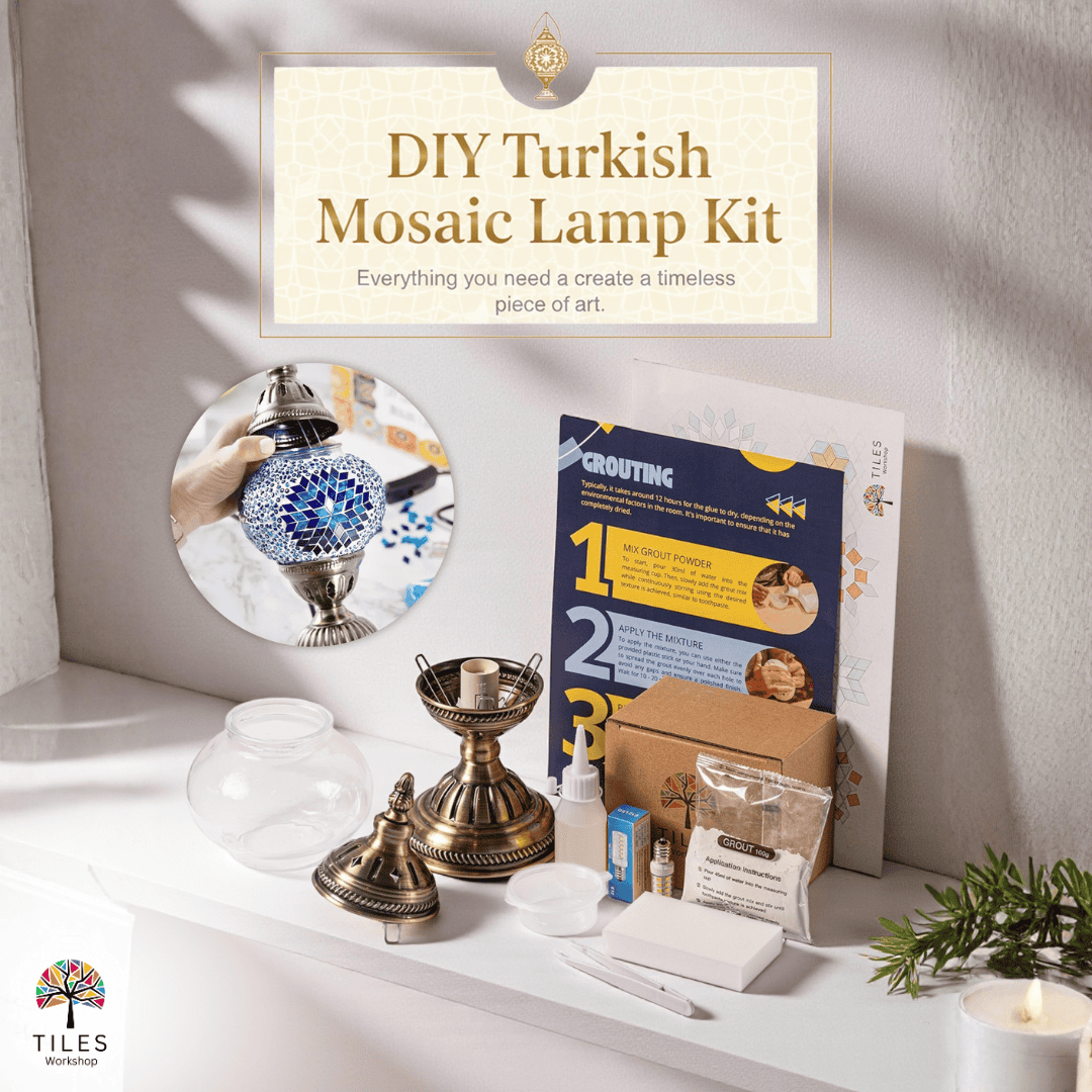 DIY Turkish Lamp Kit with grouting instructions, metal base and mosaic supplies by Tiles Workshop