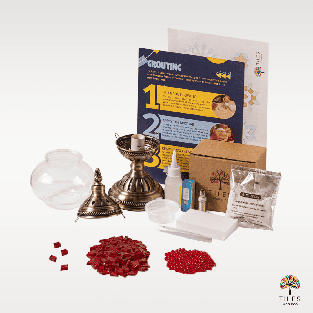 Complete turkish mosaic lighting kit with glass globe, metal base, red mosaic tiles and grouting supplies for mosaic lamp kit diy by Tiles Workshop