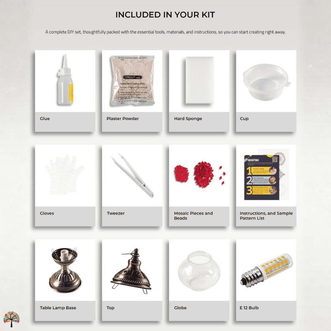 Complete turkish mosaic lighting kit contents showing glue, grout, mosaic tiles, metal base, globe and tools for diy mosaic lamp kit by Tiles Workshop