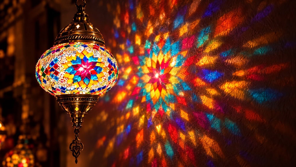 A lit mosaic Turkish lantern casts colorful geometric light reflections on a dark wall
