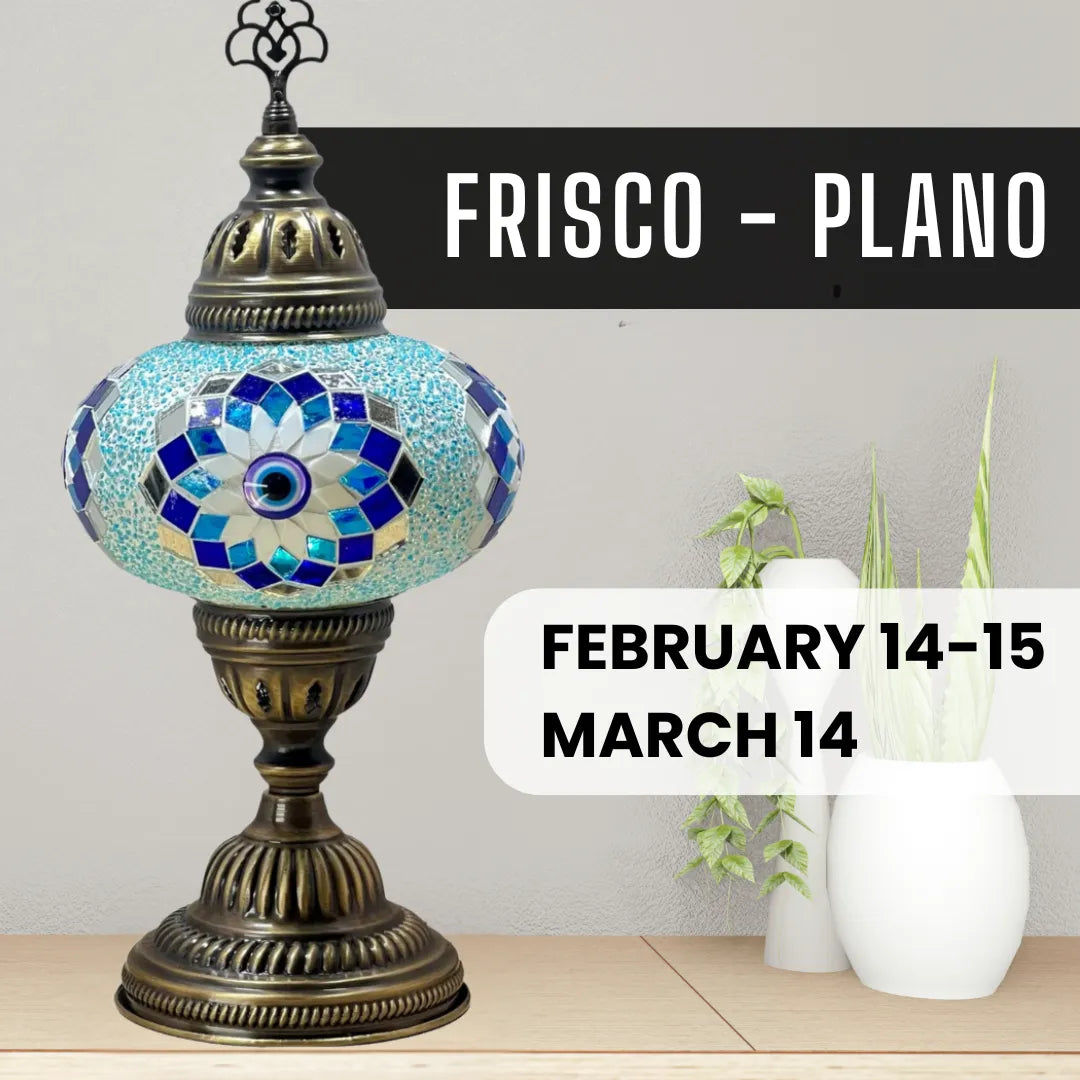 Mosaic Lamp Workshop Frisco, Plano, Texas promotional banner featuring colorful turkish mosaic lamps at Tiles Workshop mosaic art studio, dates February 14-15 and March 14, located in Plano.