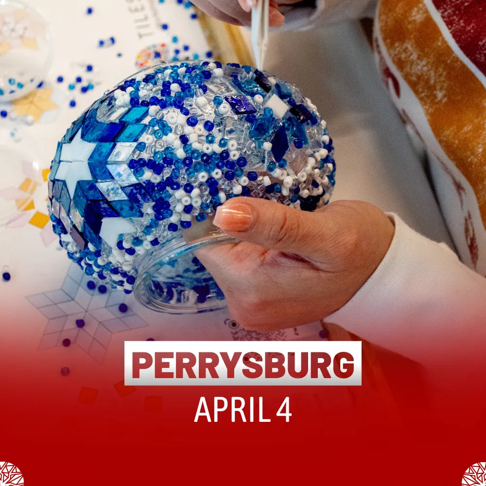 Hands placing blue and white mosaic glass tiles and beads on turkish lamp base at Mosaic Lamp Workshop Perrysburg, OH Creative Art Event by Tiles Workshop