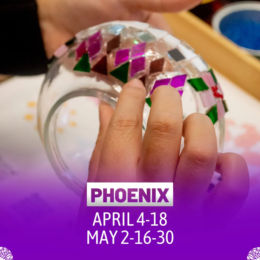 Hand holding small turkish mosaic piece with purple, green and pink glass tiles at Turkish Lamp Workshop Phoenix Arizona Event - Tiles Workshop