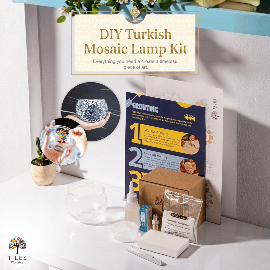 DIY turkish lamp kit showing candle holder assembly with grouting instructions and complete supplies for turkish mosaic lamp kit by Tiles Workshop