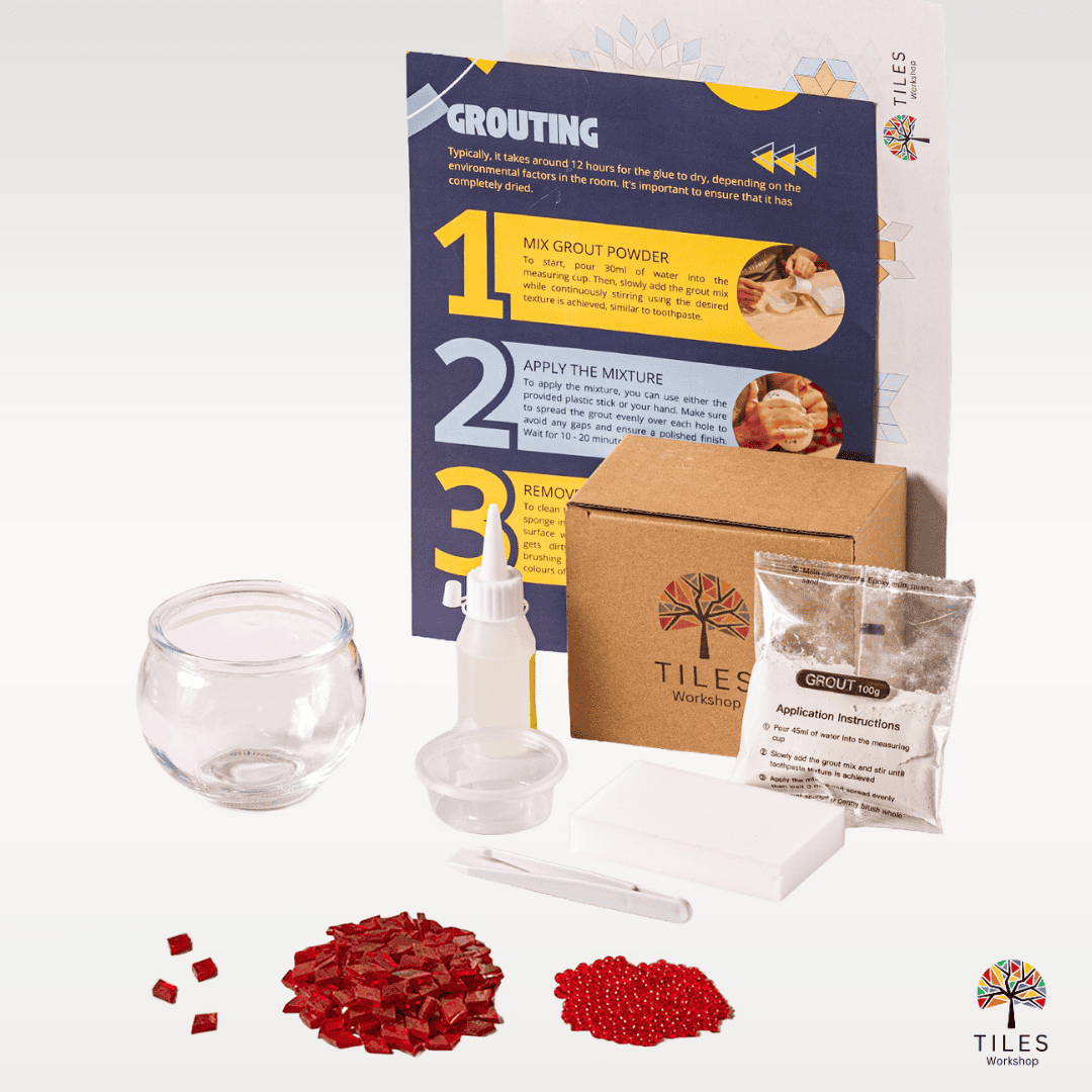 Complete turkish lamp kit with glass candle holder, red mosaic tiles, grouting supplies and instructions for turkish mosaic lighting kit by Tiles Workshop