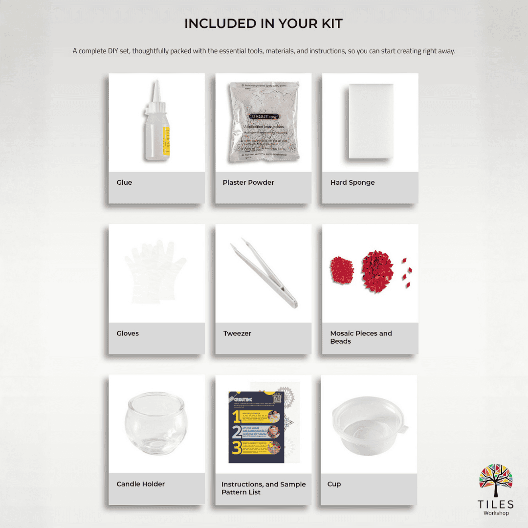 Complete turkish lamp kit contents showing glass candle holder, glue, grout, mosaic tiles and tools for lamp turkish diy mosaic kit by Tiles Workshop