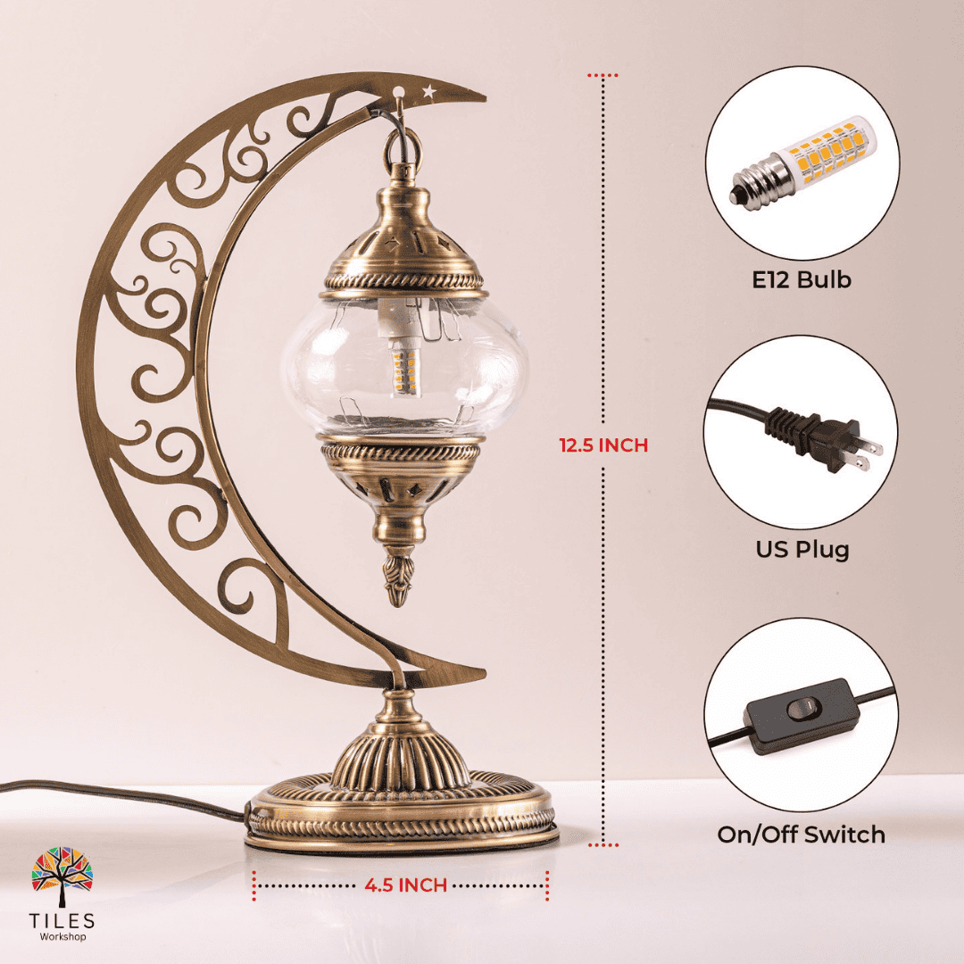 Moon crescent turkish mosaic lamp kit showing 12.5 inch height with E12 bulb, US plug and on/off switch for Turkish Lamp Kit by Tiles Workshop