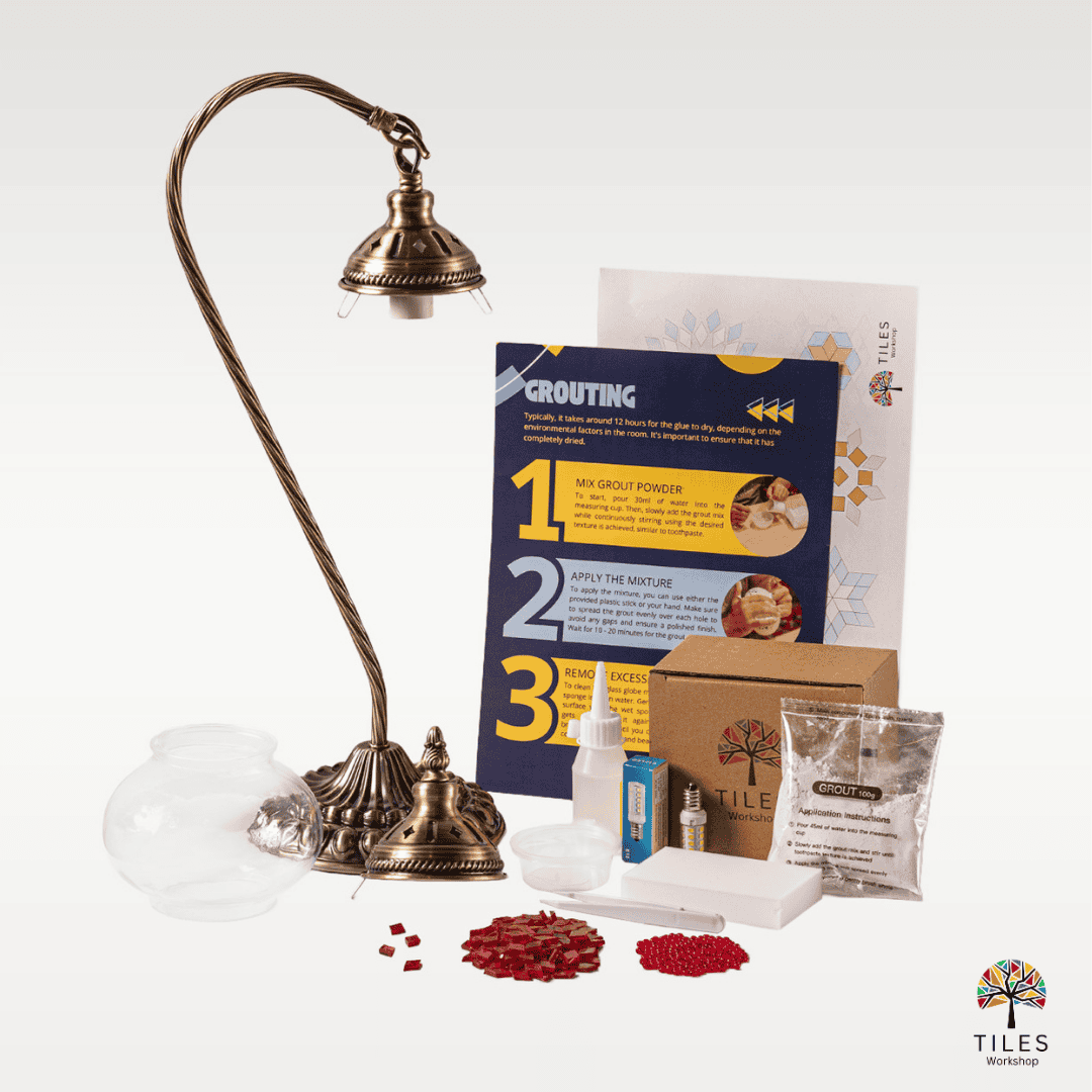 Complete mosaic lamp kit with swan neck metal base, red mosaic tiles, grouting supplies and tools for Turkish Mosaic Lamps DIY Kits by Tiles Workshop