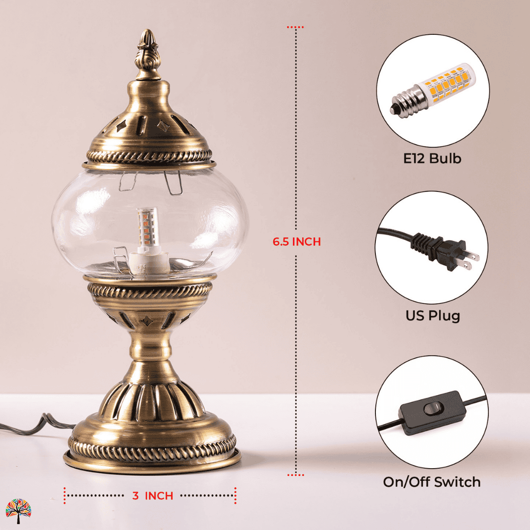Turkish mosaic lighting kit metal base showing 6.5 inch height with E12 bulb and US plug for lamp turkish diy mosaic kit by Tiles Workshop