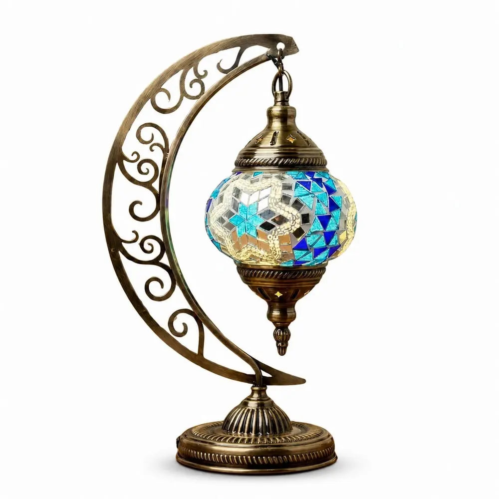 Round moon-shaped Turkish mosaic lamp with glass tile pattern
