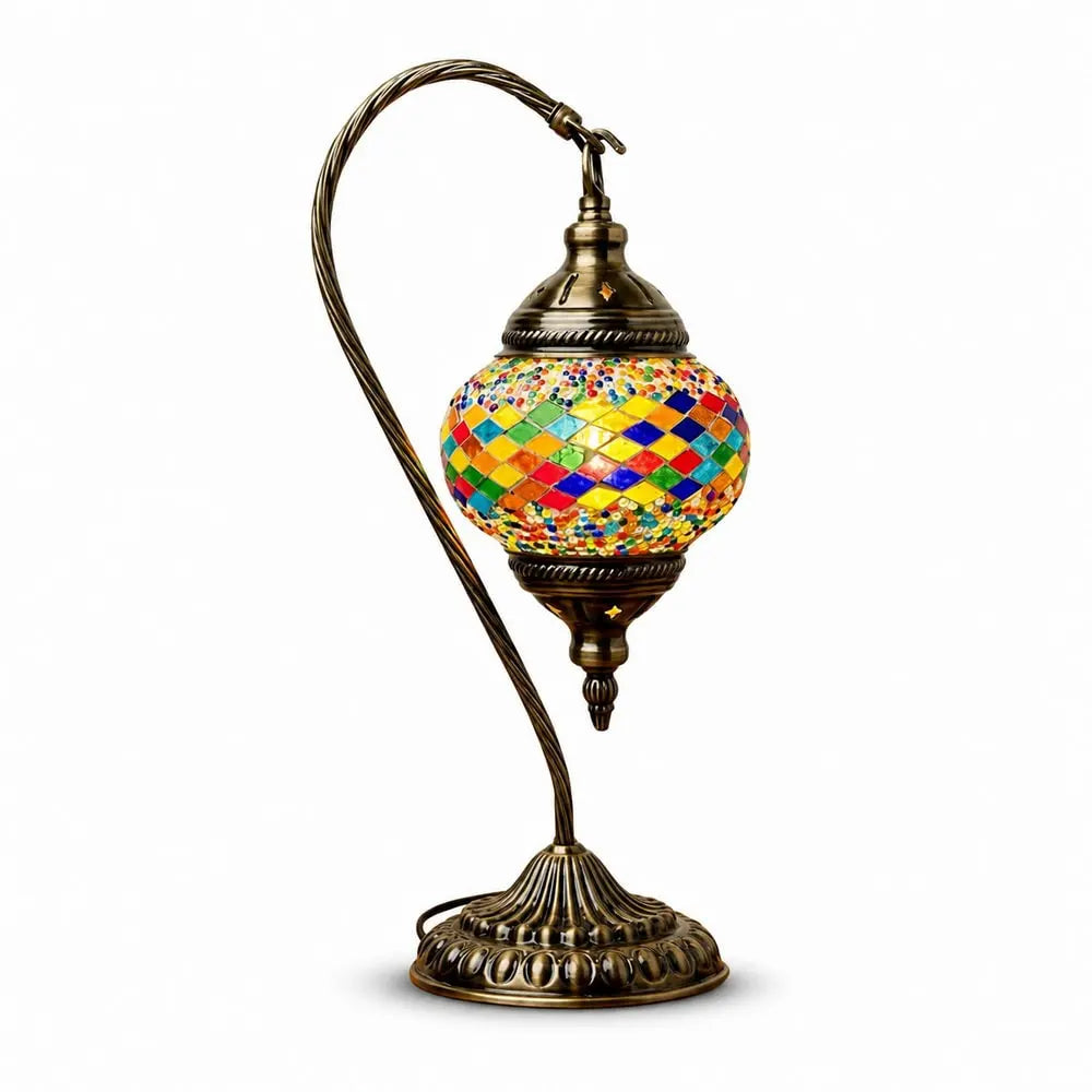 Swan-shaped Turkish mosaic lamp covered in colorful glass tiles